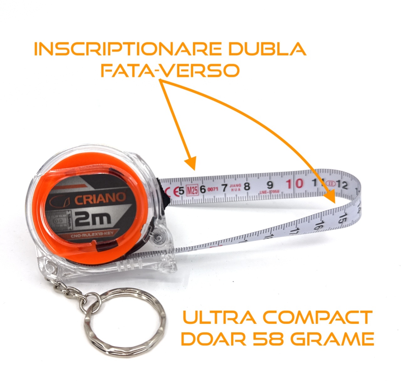 Ruleta Compacta banda metalica cu dublu marcaj, corp transparent cu inel tip breloc, 2m x 13mm - CNO-RUL2X13-KEY — imaginea 6
