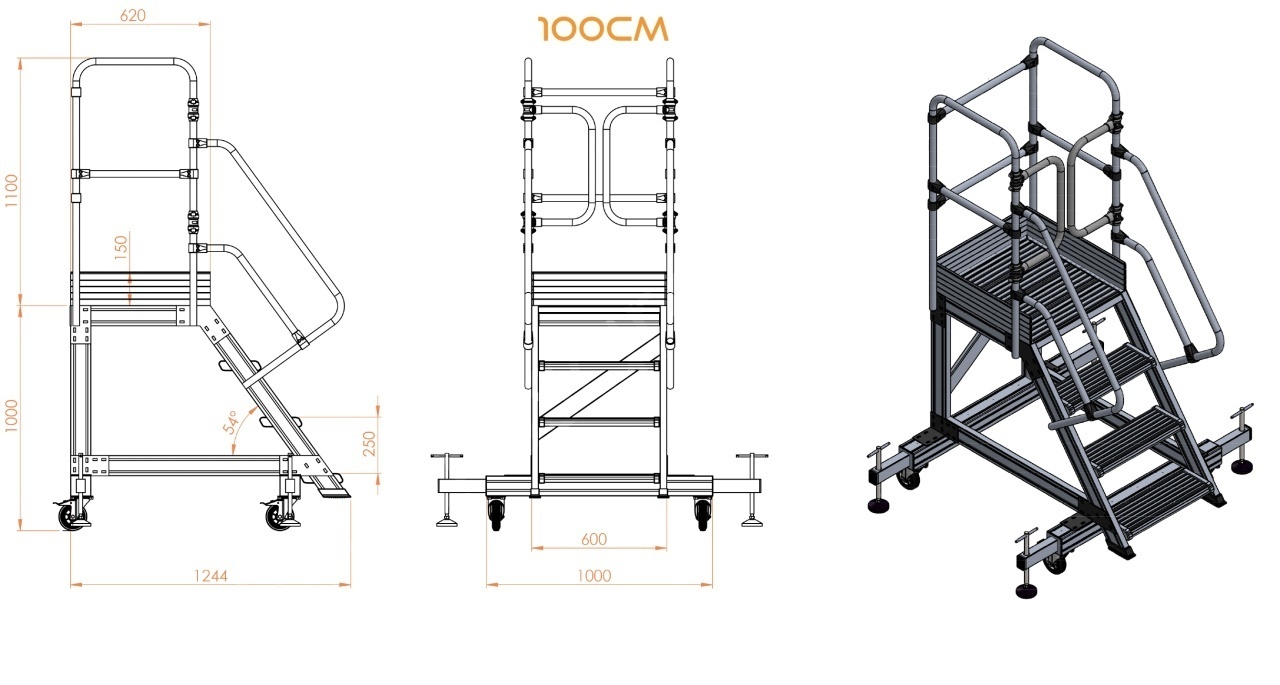 Scara industriala din aluminiu cu 3-8 trepte, platforma si roti ajustabile, h=100-225(cm), inaltime lucru 3-4,25(m) - CNO-SME-ALPL1