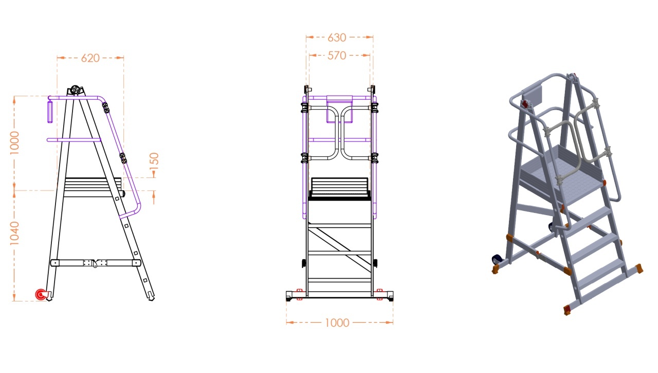 Scara industriala rabatabila aluminiu cu 3 trepte si platforma, inaltime 104cm - CNO-SME-FWPL13 - 1 | YEO