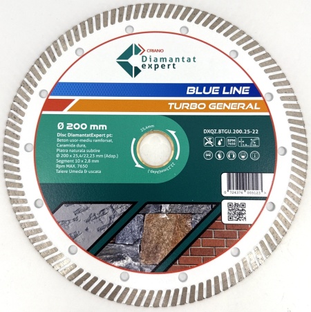 Disc DiamantatExpert TURBO pt. Beton Ranforsat Usor, Materiale de constructii 200x25,4/22.23(ring) (mm) taiere uscata sau umeda, Blue Line Profesional - DXQZ.BTGU.200.25-22