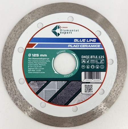 Disc DiamantatExpert pt. Ceramica, Gresie Portelanata de Duritate Medie, Placi 125x22.23 (mm) taiere uscata sau umeda, Blue Line Profesional - DXQZ.BTLE.125