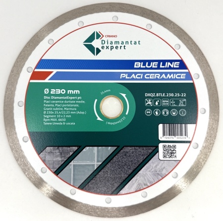 Disc DiamantatExpert pt. Ceramica, Gresie Portelanata de Duritate Medie, Placi 230x25,4/22.23(ring) (mm) taiere uscata sau umeda, Blue Line Profesional - DXQZ.BTLE.230.25-22