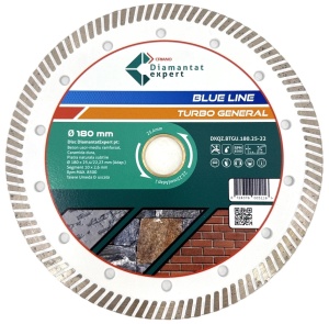 Disc DiamantatExpert TURBO pt. Beton Ranforsat Usor, Materiale de constructii 180x25,4/22.23(ring) (mm) taiere uscata sau umeda, Blue Line Profesional - DXQZ.BTGU.180.25-22