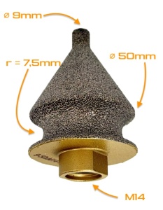 Freza diamantata conica pt. decupaje, largiri, gauri si frezare rotunda muchii in placi ceramice, piatra, 9-50(mm), r=7,5mm, M14- DXDY.FCON.9-50BNR7 - Img 2