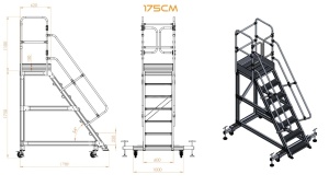 Scara industriala din aluminiu cu 3-8 trepte, platforma si roti ajustabile, h=100-225(cm), inaltime lucru 3-4,25(m) - CNO-SME-ALPL1 - Img 3