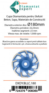 Disc cupa diamantata forma L pentru slefuire Beton/Abrazive 180X22,2mm Standard Profesional - BlueLine - DXDY.BLLC.180 - Img 4