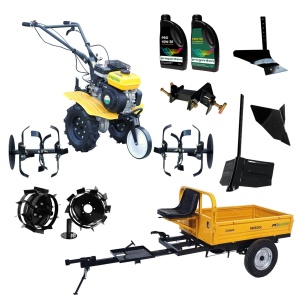 ProGARDEN Pachet Campo 703 Motocultor 7CP + Remorca RM500C + Plug simplu + 2xPlug bilonat/rarita + Adaptor + 2 Roti metalice 350x6 + 2L Ulei