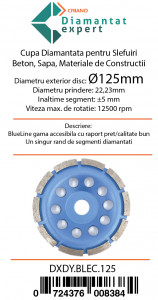 Disc cupa diamantata pentru slefuire Beton/Abrazive 125x22,2mm Standard Profesional - BlueLine - DXDY.BLEC.125 - Img 4