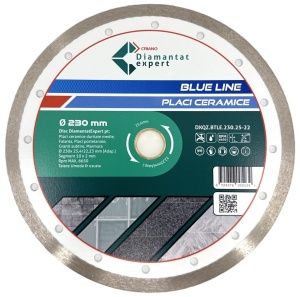 Disc DiamantatExpert pt. Ceramica, Gresie Portelanata de Duritate Medie, Placi 230x25,4/22.23(ring) (mm) taiere uscata sau umeda, Blue Line Profesional - DXQZ.BTLE.230.25-22