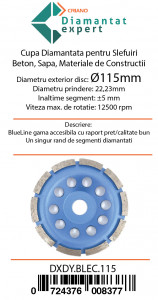 Disc cupa diamantata pentru slefuire Beton/Abrazive 115x22,2mm Standard Profesional - BlueLine - DXDY.BLEC.115 - Img 4