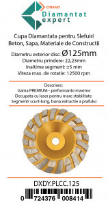Disc cupa diamantata cu dinti alternativi pentru slefuire rapida de Beton si Abrazive 125mmx22,2mm PREMIUM - DXDY.PLCC.125 - Img 4