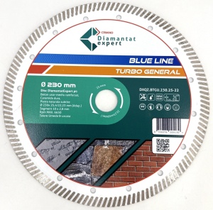 Disc DiamantatExpert TURBO pt. Beton Ranforsat Usor, Materiale de constructii 230x25,4/22.23(ring) (mm) taiere uscata sau umeda, Blue Line Profesional - DXQZ.BTGU.230.25-22