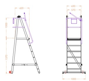 Scara industriala rabatabila (pliabila) din aluminiu cu 5 trepte si platforma h=157cm, inaltime de lucru 3,5m - CNO-SME-FWPL15 - Img 2