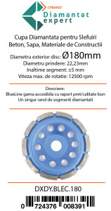 Disc cupa diamantata pentru slefuire Beton/Abrazive 180x22,2mm Standard Profesional - BlueLine - DXDY.BLEC.180 - Img 4