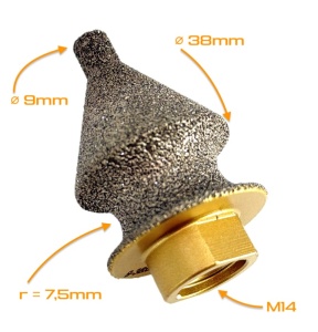 Freza diamantata conica pt. decupaje, largiri, gauri si frezare rotunda muchii in placi ceramice, piatra, 9-38(mm), r=7,5mm, M14 - DXDY.FCON.9-38BNR7 - Img 3