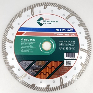 Disc DiamantatExpert TURBO Segmentat pt. Beton Ranforsat Usor, Materiale de constructii 230x25,4/22.23(ring) (mm) taiere uscata sau umeda, Blue Line Profesional - DXQZ.BTTC.230.25-22