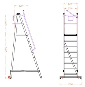 Scara industriala rabatabila (pliabila) din aluminiu cu 7 trepte si platforma h=207cm, inaltime de lucru 4,1m - CNO-SME-FWPL17 - Img 2
