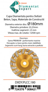 Disc cupa diamantata cu dinti alternativi pentru slefuire rapida de Beton si Abrazive 180mmx22,2mm PREMIUM - DXDY.PLCC.180 - Img 5