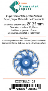 Disc cupa diamantata forma L pentru slefuire Beton/Abrazive 125x22,2mm Standard Profesional - BlueLine - DXDY.BLLC.125 - Img 4