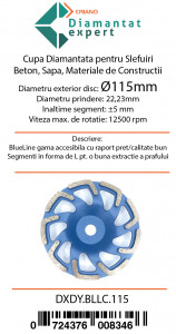 Disc cupa diamantata forma L pentru slefuire Beton/Abrazive 115x22,2mm Standard Profesional - BlueLine - DXDY.BLLC.115 - Img 4
