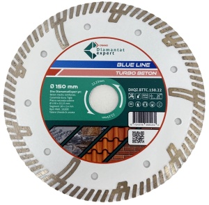 Disc DiamantatExpert TURBO Segmentat pt. Beton Ranforsat Usor, Materiale de constructii 150x22.23 (mm) taiere uscata sau umeda, Blue Line Profesional - DXQZ.BTTC.150