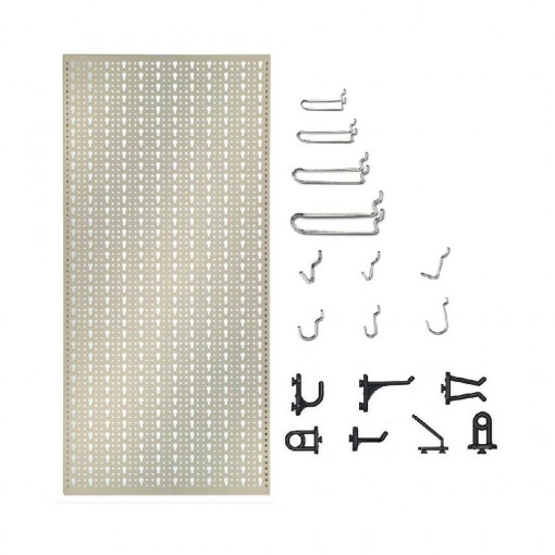 Panou perforat vertical de 500x1000 mm alb cu set de 40 carlige metalice/plastic