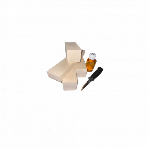 Set 4 blocuri din lemn de paltin pentru cioplit cu 50 ml ulei tung + cutit Morakniv sculptura basic