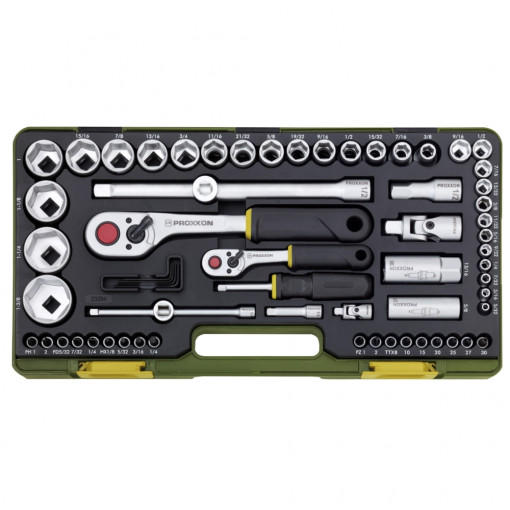 Trusa completa, versiune in Inch, cu chei tubulare de 1/4" si 1/2", Proxxon 23294, 65 piese