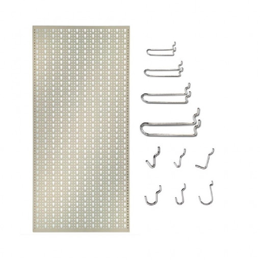Panou perforat vertical de 500x1000 mm alb cu set de 40 carlige metalice