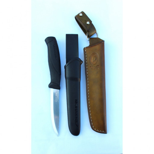 Teaca maro din piele naturala cu dangler pentru cutite Morakniv