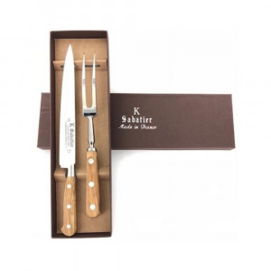 1110DECFOURCHCOL Set cutit si furculita curbata, maner din lemn de maslin, Olive, Sabatier Authentique - Img 1