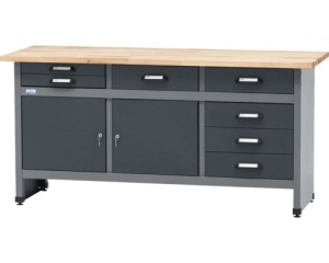 Banc de lucru 170 x 84 x 60 cm, 2 usi si 7 sertare, blat din lemn de fag 3 cm, negru/gri antracit - Img 2
