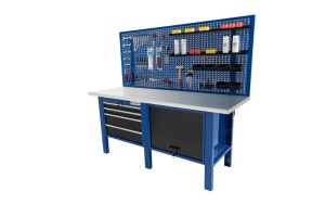 Banc de lucru metalic Werkmeister 2000-31, 2000 mm, dulap cu usa, 4 sertare si panou perforat
