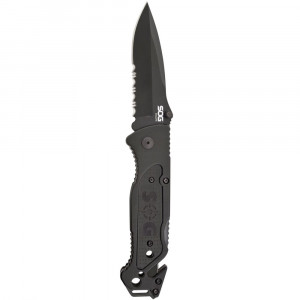 Cutit de salvare SOG Escape Black FF25-CP, lama 9Cr18MoV Black TiNi, Lockback, cutter centura, spargator geam, Rescue Knife - Img 7