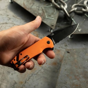 Cutit pliabil SOG Escape 2.0 Hi Viz Orange 11-52-02-43, lama Clip Point AUS-8 partial zimtata, taietor centura, spargator geam, maner aluminiu - Img 10