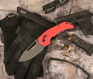 Cutit pliabil SOG Prohen XR Red Gray 12-25-02-57, lama Drop Point CRYO D2 Stonewashed, XR Lock, deschidere Flipper, maner G10 Red & Gray, EDC Tactical - Img 9