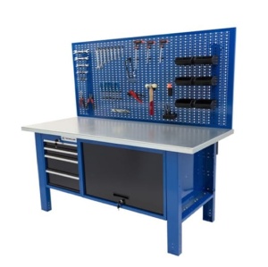 Banc de lucru metalic Werkmeister 1500-28, 1500 mm, dulap cu usa, 4 sertare si panou perforat