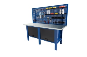 Banc de lucru metalic Werkmeister 2000-30, 2000 mm, 2 dulapuri cu usa si panou perforat