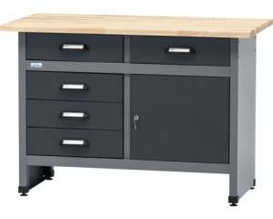 Banc de lucru Profi 1, 120 x 84 x 60 cm, 5 sertare, blat din lemn 3 cm, negru/gri antracit - Img 2