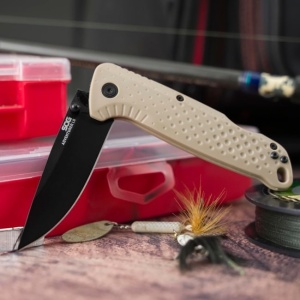 Cutit pliabil SOG Adventurer LB FDE Black 13-11-05-43, lama Drop Point 5Cr15MoV Satin, Lockback, maner GRN FDE & Black, EDC Outdoor - Img 7