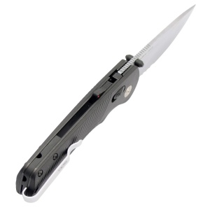 Cutit pliabil SOG Flash AT Satin Black Serrated 11-18-15-41, lama Drop Point CRYO D2 partial zimtata, deschidere asistata, AT-XR Lock, maner GRN negru, EDC Premium