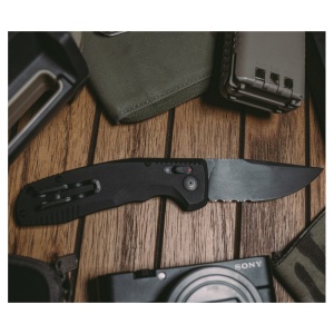 Cutit automat SOG TAC AU Serrated 15-38-02-57, lama Drop Point Cryo D2 partial zimtata, AU-XR Lock, maner din aluminiu, Tactical Automatic Knife - Img 12