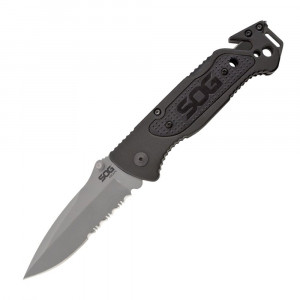 Cutit de salvare SOG Escape Bead Blasted FF24-CP, lama 9Cr18MoV, Lockback, cutter centura, spargator geam, Rescue Knife - Img 2