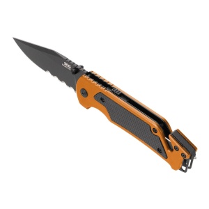 Cutit pliabil SOG Escape 2.0 Hi Viz Orange 11-52-02-43, lama Clip Point AUS-8 partial zimtata, taietor centura, spargator geam, maner aluminiu