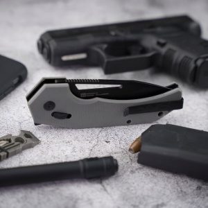 Cutit pliabil SOG Prohen XR Gray Black 12-25-03-57, lama Drop Point CRYO D2 Stonewashed, XR Lock, deschidere Flipper, maner G10 Gray & Black, EDC Tactical - Img 8