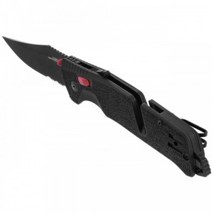 Cutit pliabil SOG Trident AT Black Serrated 11-12-02-41, lama Drop Point partial zimtata CRYO D2 Black TiNi, deschidere asistata S.A.T., AT-XR Lock, taietor de centura, spargator de geam, maner GRN Black - Img 2