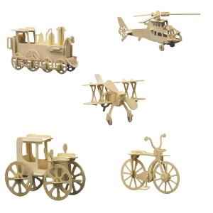 Pebaro 850, Kit 5 constructii din lemn, bicicleta, locomotiva, avion, masina de epoca si elicopter - Img 2