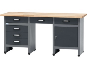 Banc de lucru 170 x 84 x 60 cm, 1 usa si 6 sertare, blat din lemn de fag 3 cm, negru/gri antracit