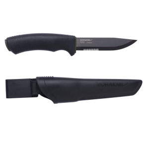 Cutit Bushcraft BlackBlade SRT (S) cu lama partial dintata, otel inoxidabil Suedez 12C27, acoperire DLC, Morakniv
