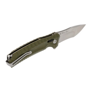 Cutit pliabil SOG Hidaka XR 3V Satin 12-27-09-57, lama Modified Tanto CPM 3V Satin, XR Lock, deschidere Flipper, maner Micarta Verde, EDC Outdoor - Img 4